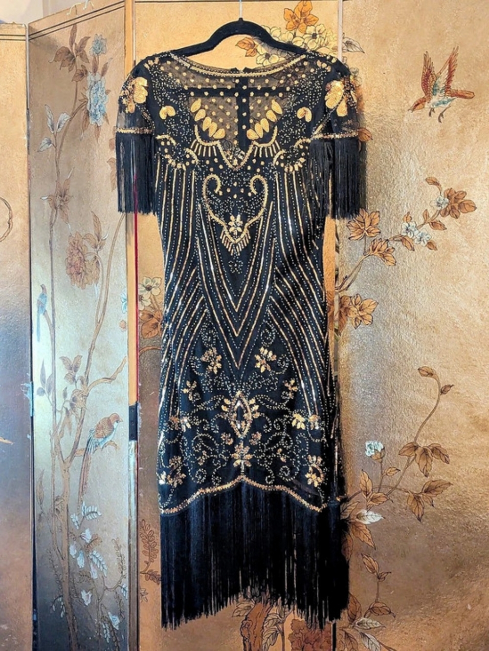 1920s Flapper Costume Black & Gold Beaded Fringe